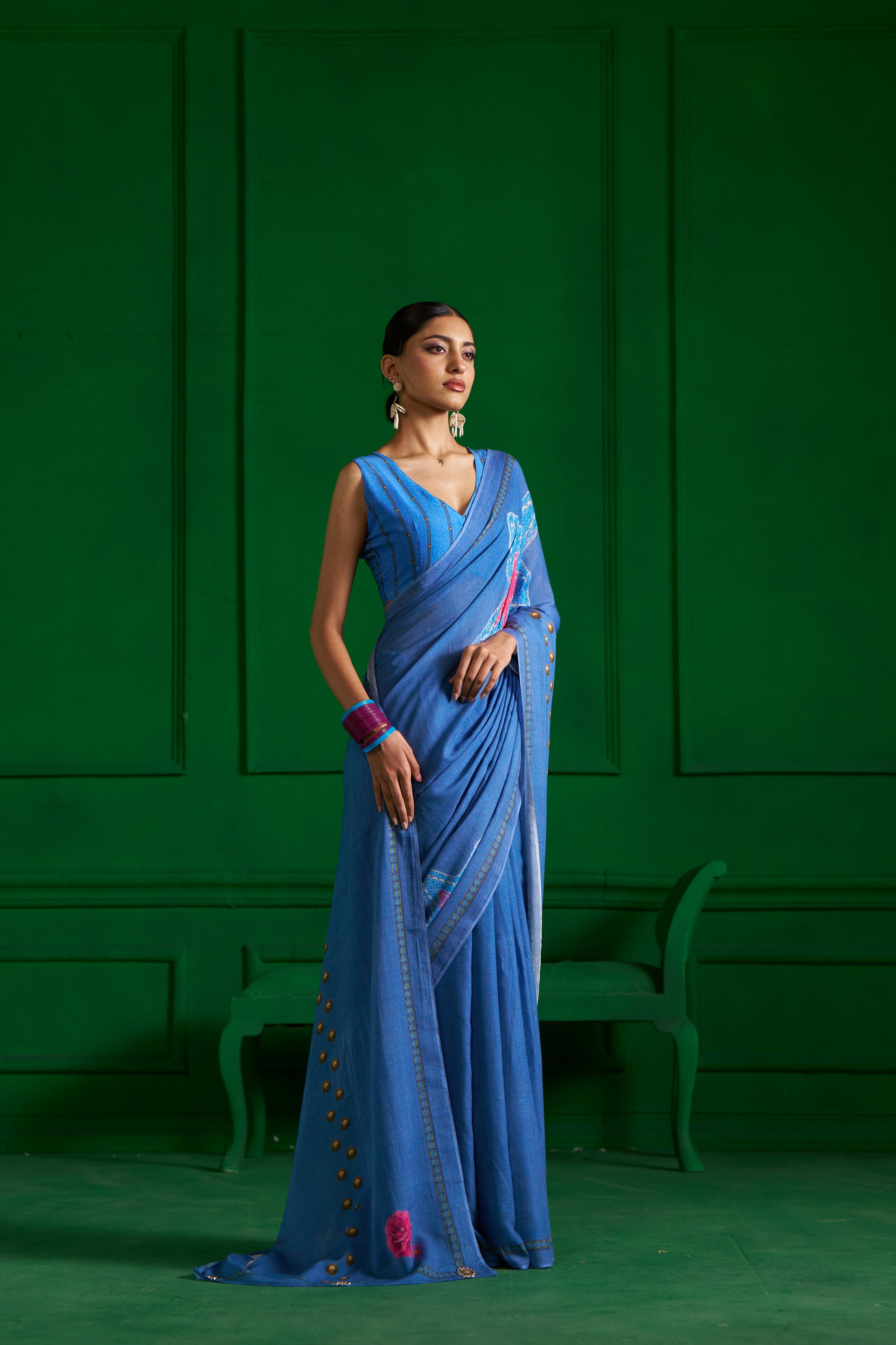 BRIGHT BLUE VISCOSE MUL STUD KNOT DENIM SAREE