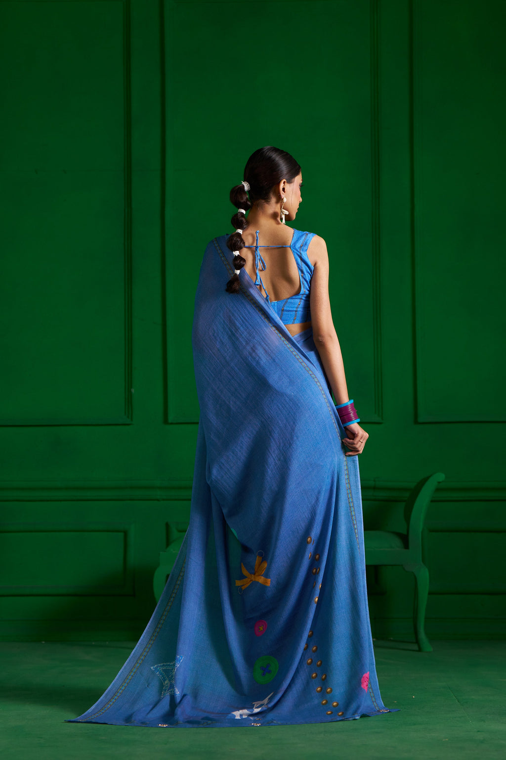 BRIGHT BLUE VISCOSE MUL STUD KNOT DENIM SAREE