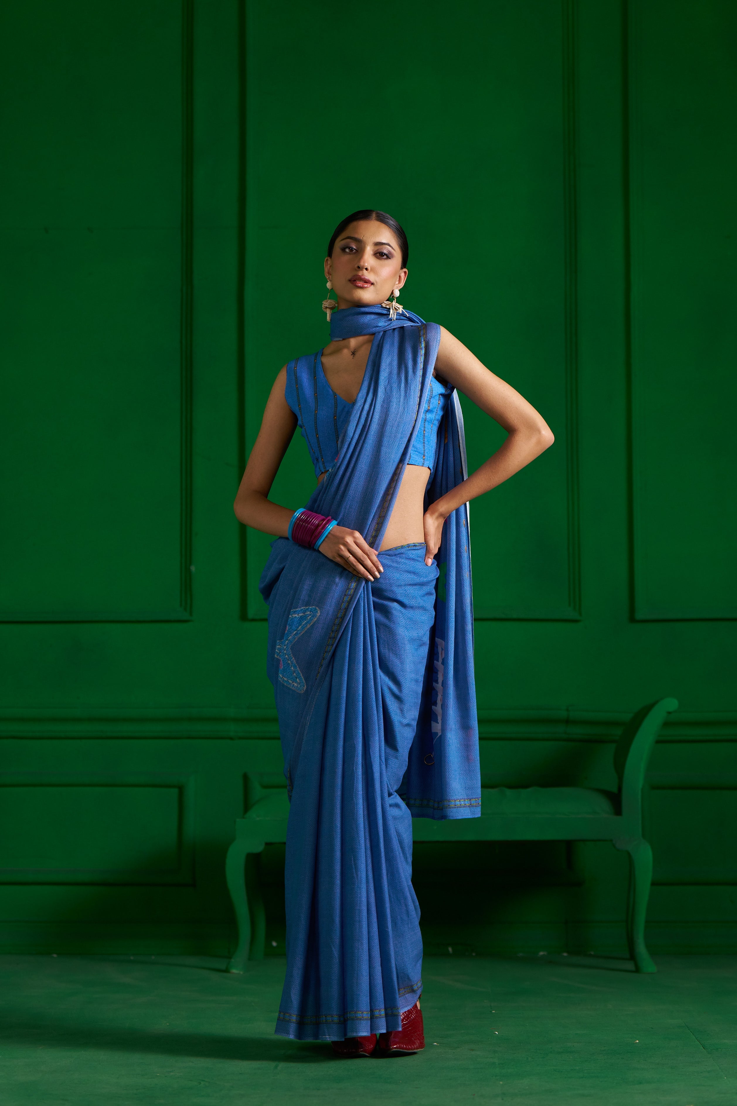 BRIGHT BLUE VISCOSE MUL STUD KNOT DENIM SAREE