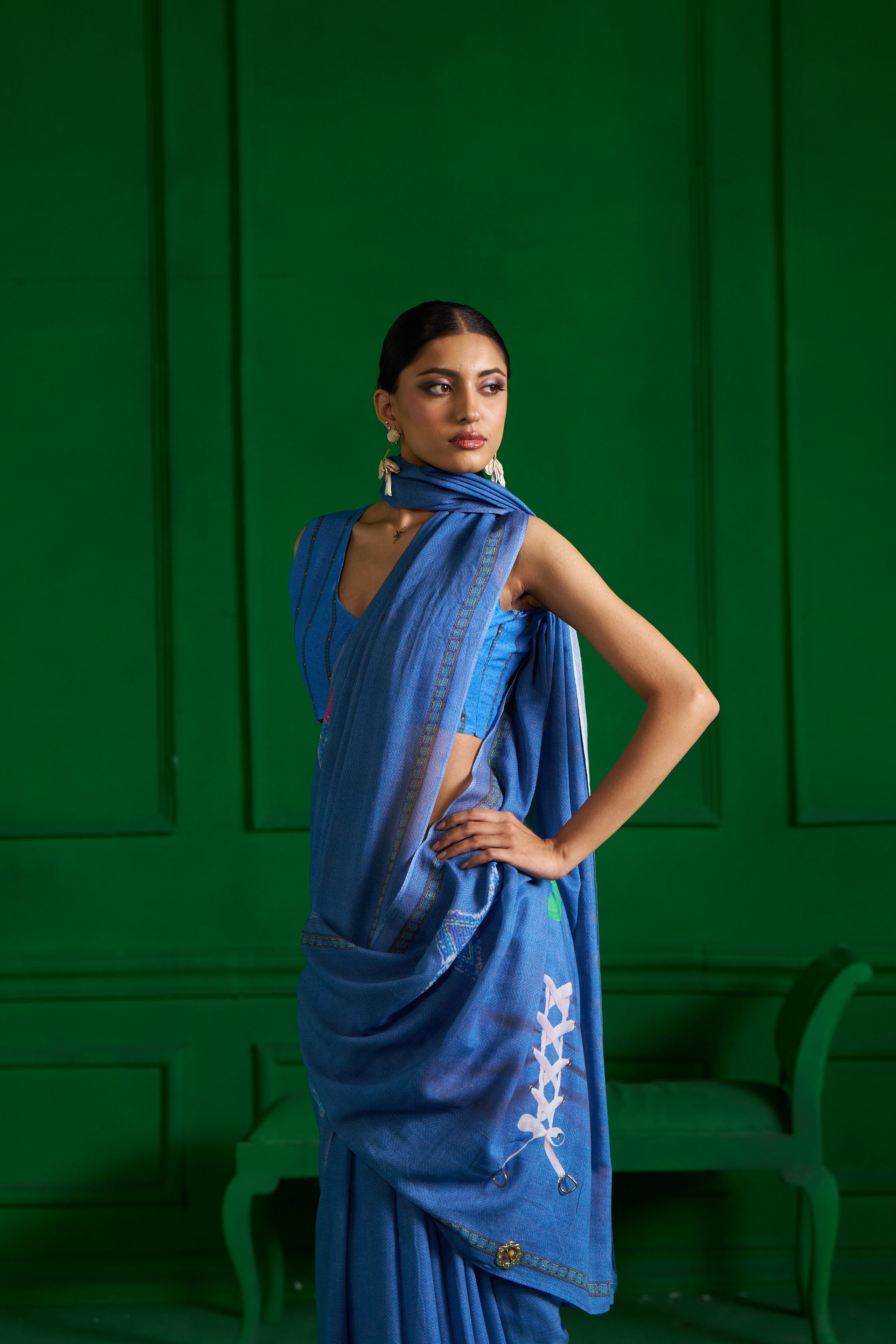 BRIGHT BLUE VISCOSE MUL STUD KNOT DENIM SAREE