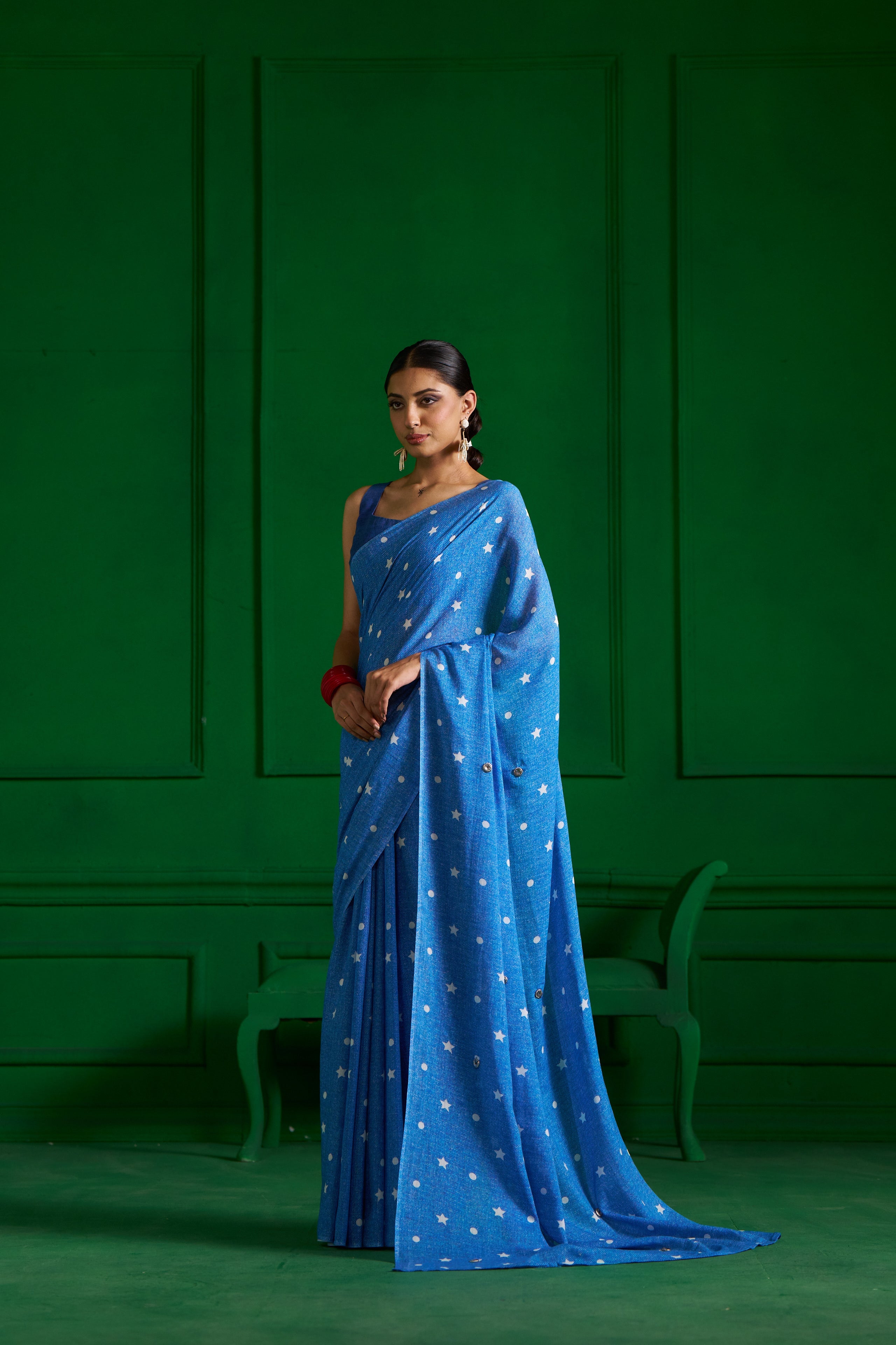 BRIGHT BLUE VISCOSE MUL STUDS AND STARS DENIM SAREE