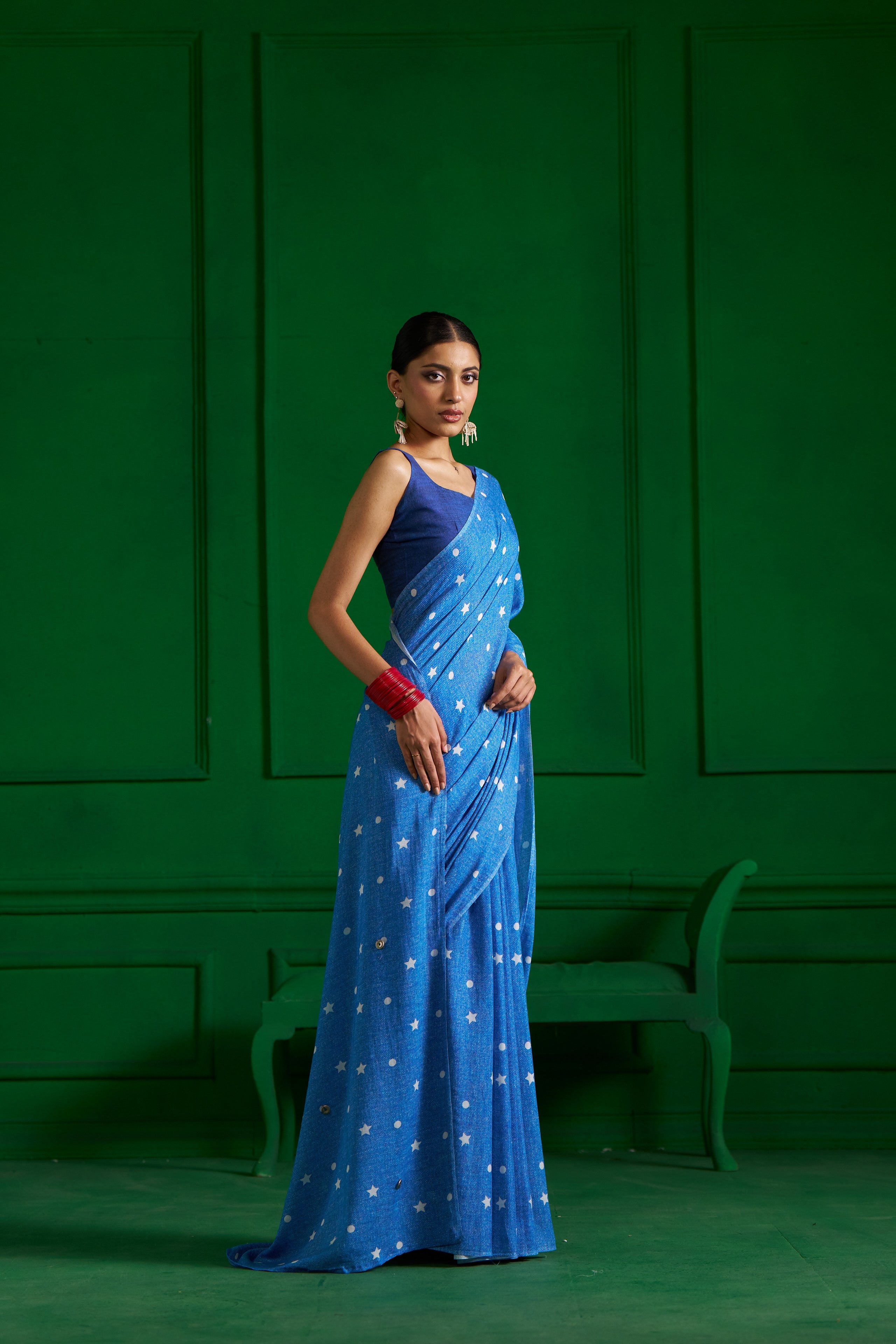 BRIGHT BLUE VISCOSE MUL STUDS AND STARS DENIM SAREE