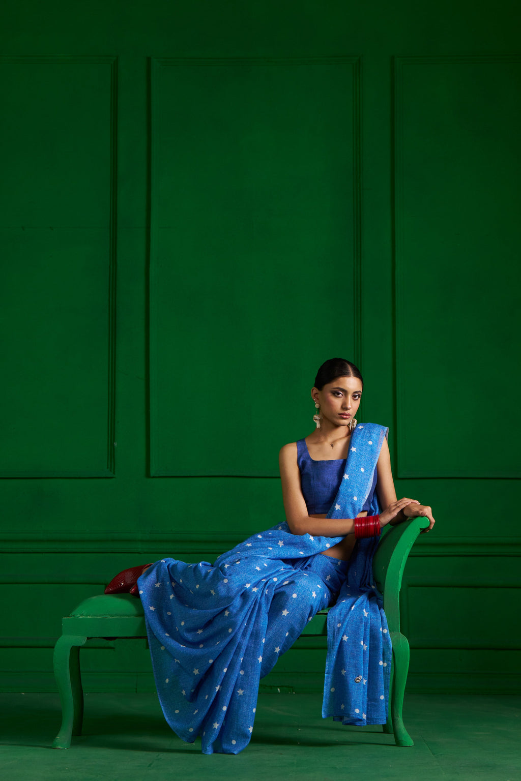 BRIGHT BLUE VISCOSE MUL STUDS AND STARS DENIM SAREE