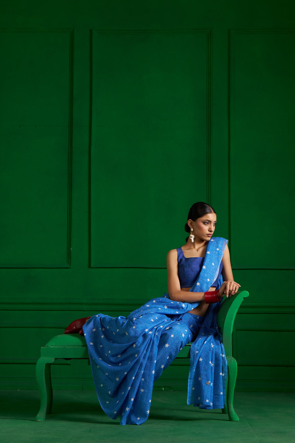 BRIGHT BLUE VISCOSE MUL STUDS AND STARS DENIM SAREE