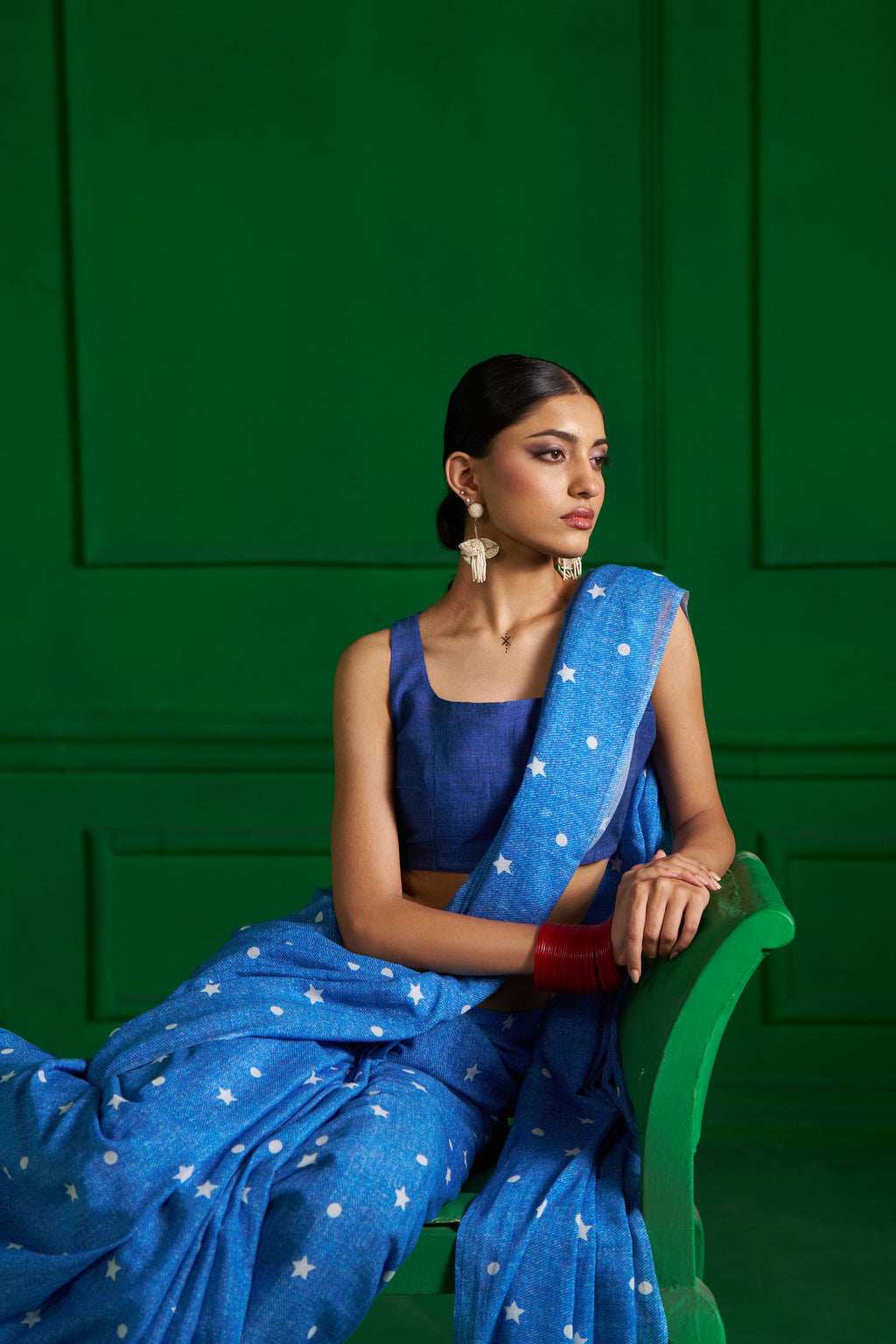 BRIGHT BLUE VISCOSE MUL STUDS AND STARS DENIM SAREE