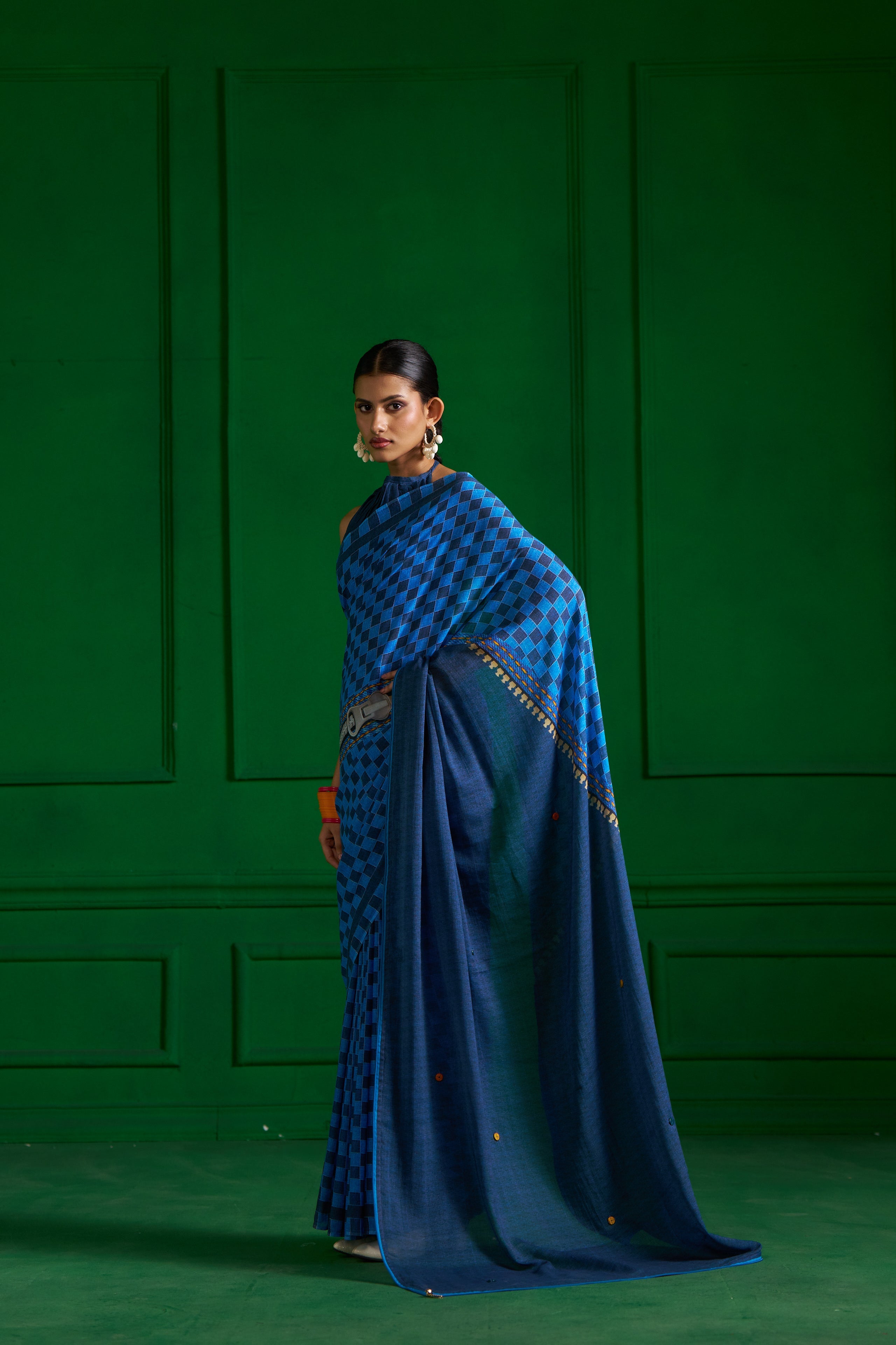 BRIGHT BLUE VISCOSE MUL ZIP UP CHECKS DENIM SAREE