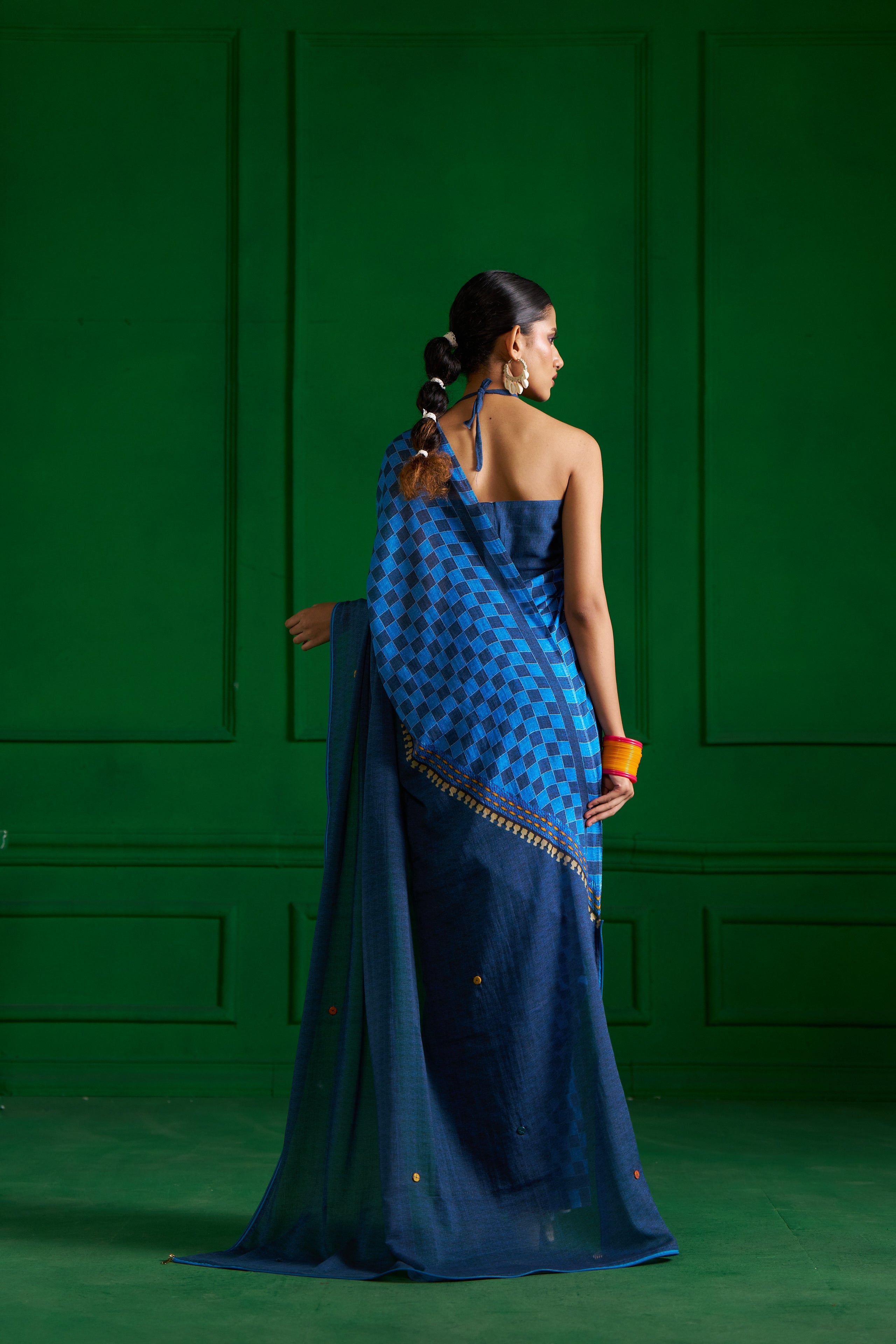 BRIGHT BLUE VISCOSE MUL ZIP UP CHECKS DENIM SAREE