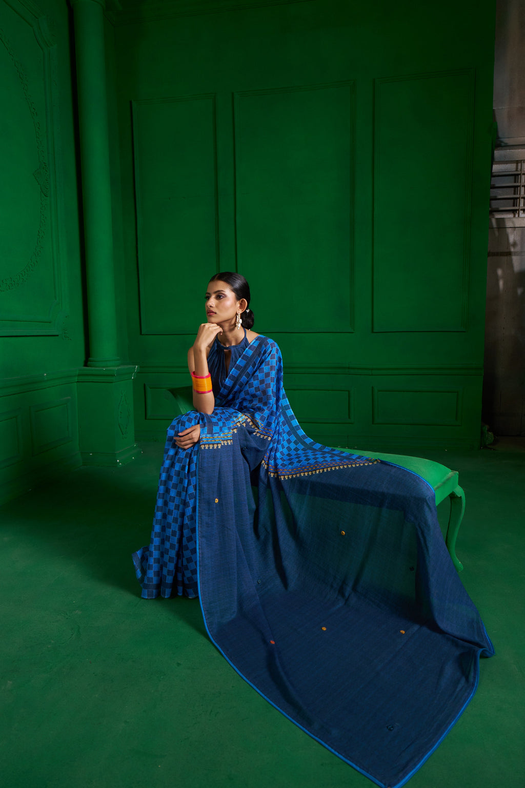 BRIGHT BLUE VISCOSE MUL ZIP UP CHECKS DENIM SAREE