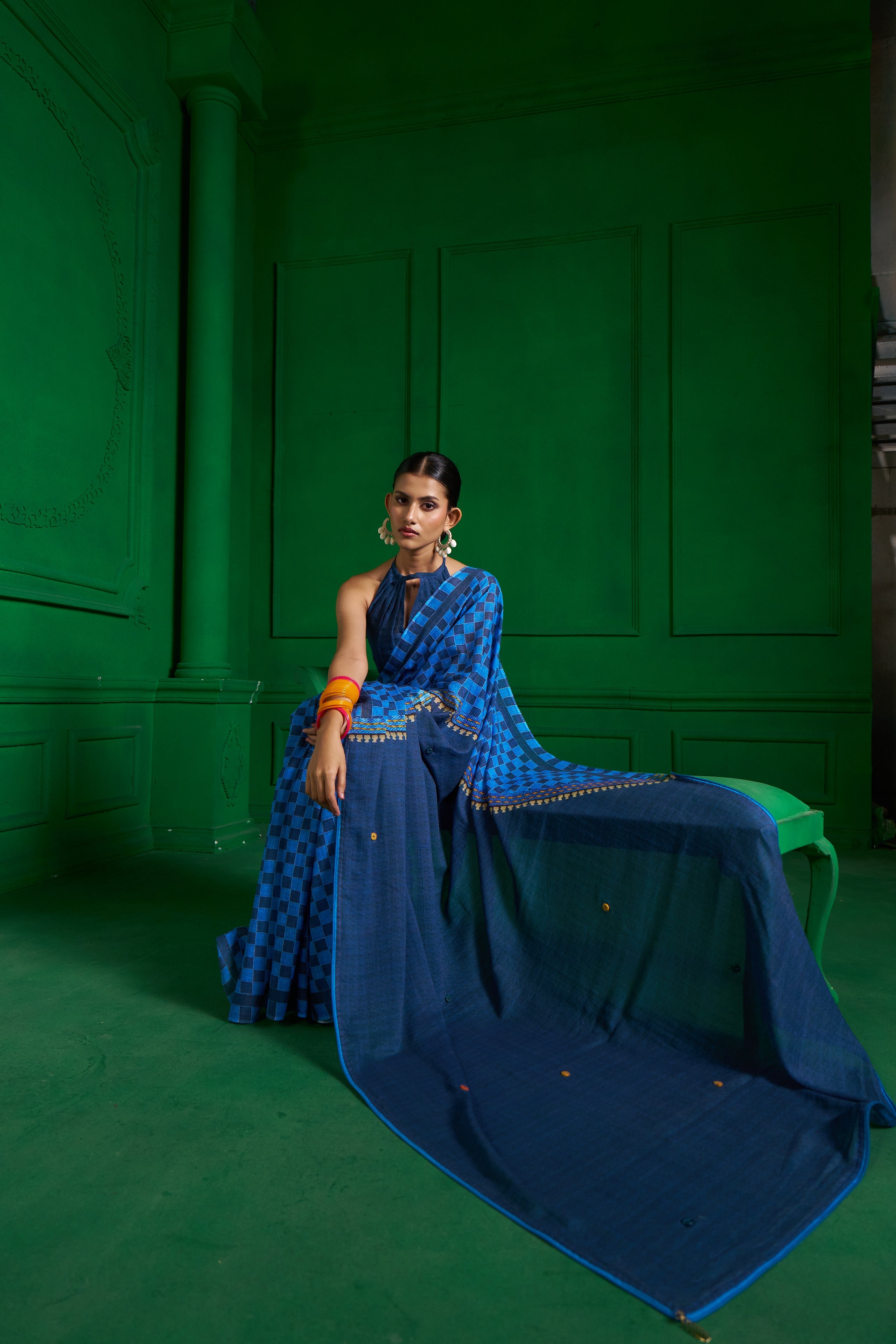 BRIGHT BLUE VISCOSE MUL ZIP UP CHECKS DENIM SAREE