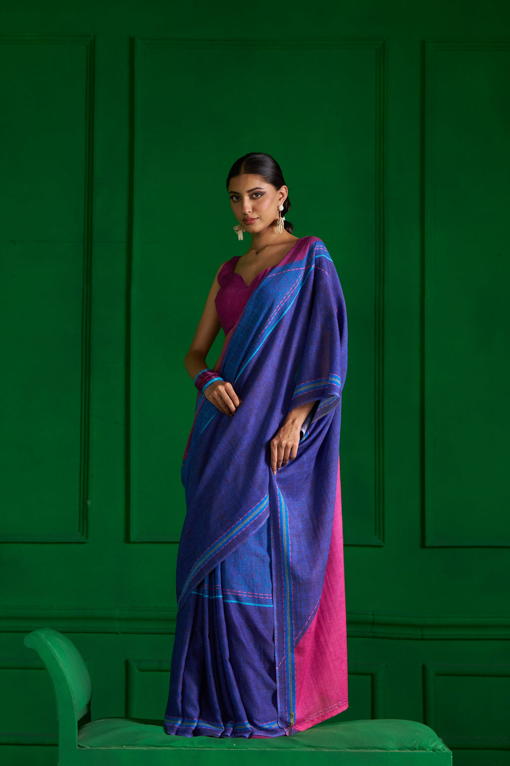 BRIGHT BLUE VISCOSE MUL PINK ZIP DENIM SAREE