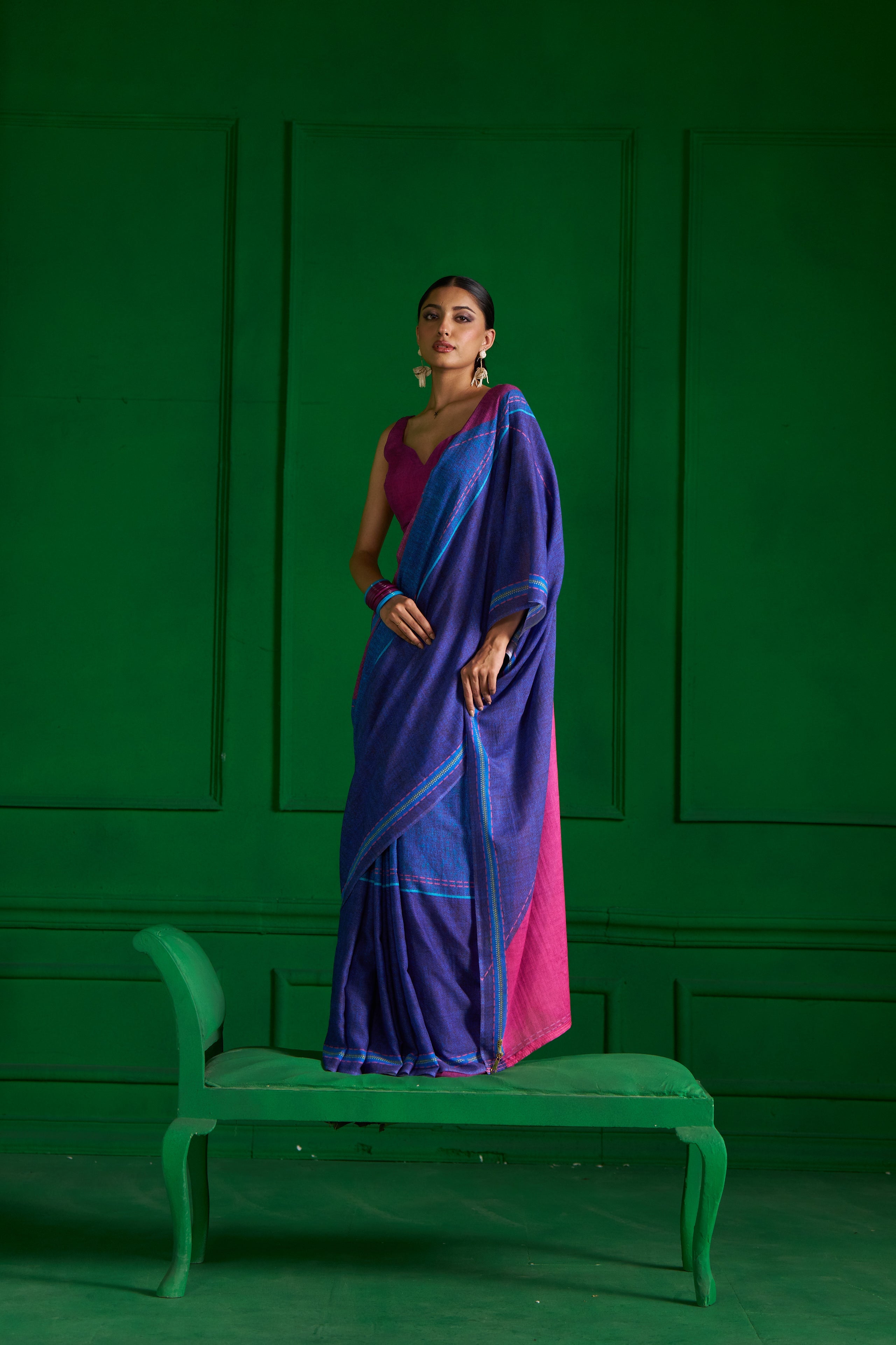 BRIGHT BLUE VISCOSE MUL PINK ZIP DENIM SAREE