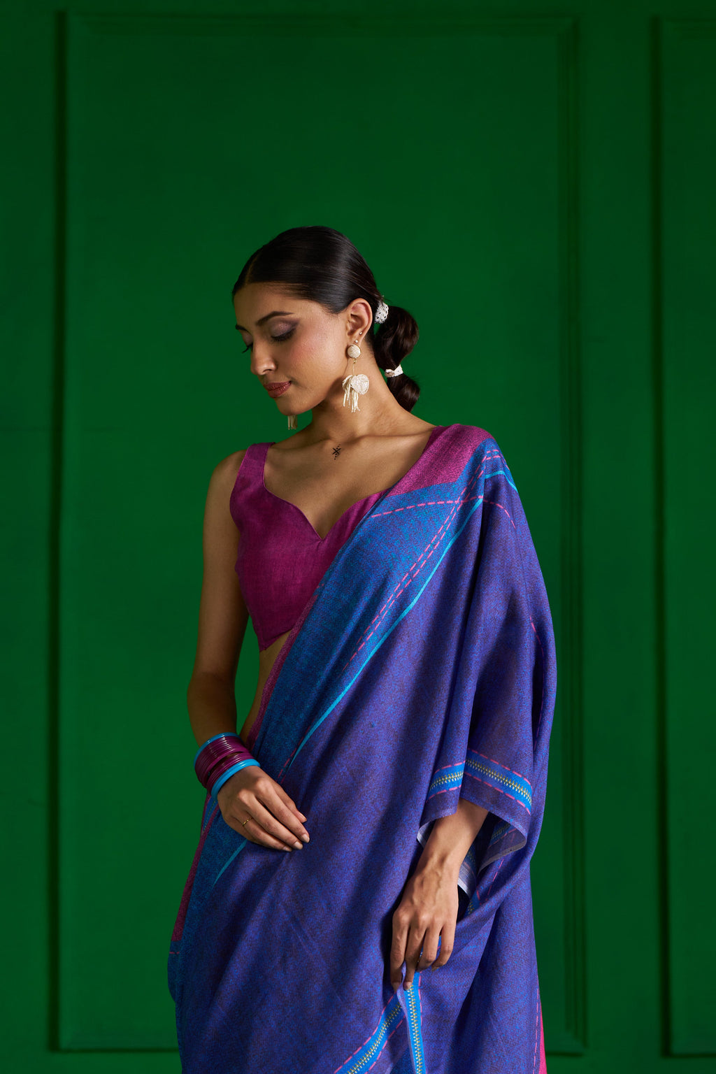BRIGHT BLUE VISCOSE MUL PINK ZIP DENIM SAREE