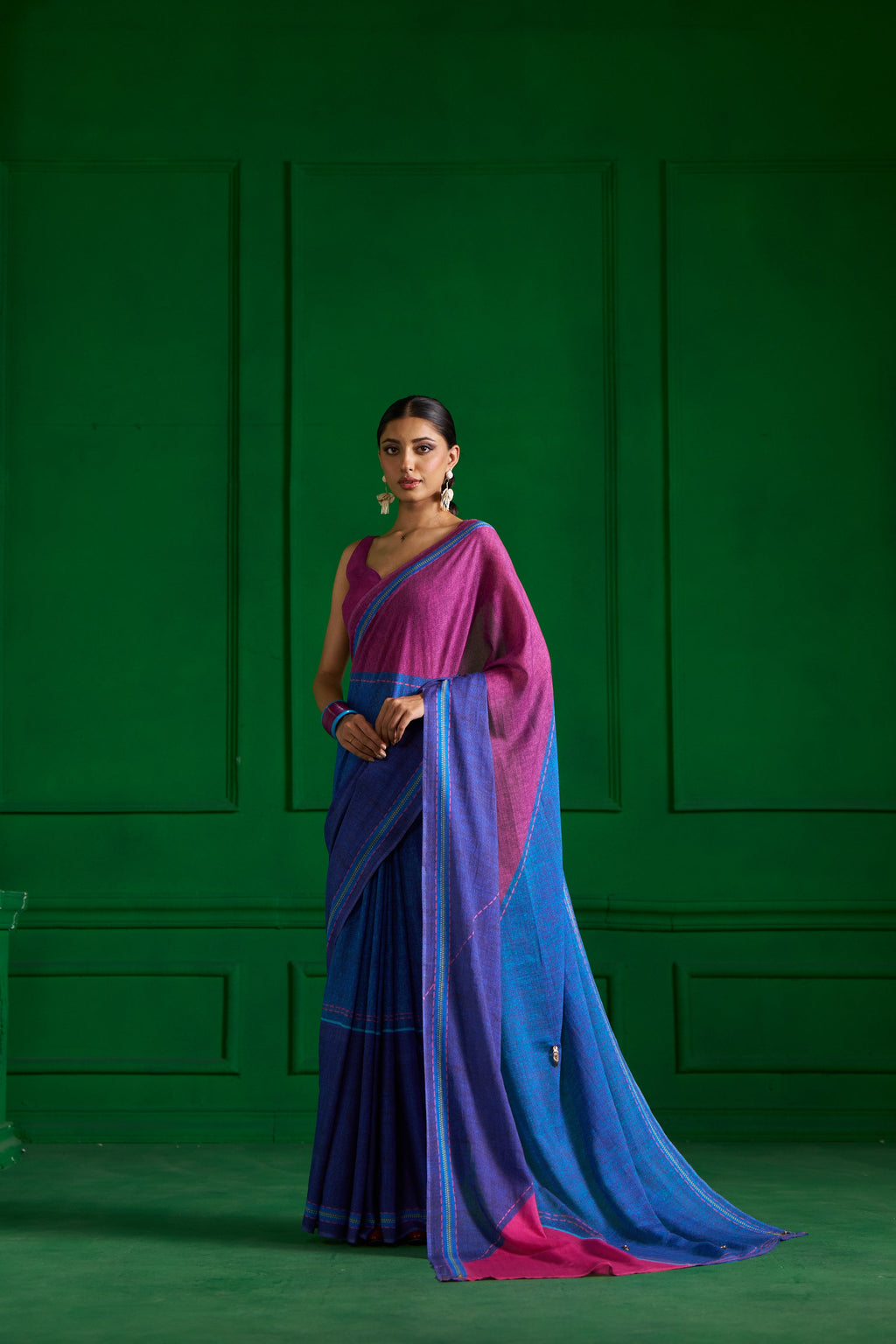 BRIGHT BLUE VISCOSE MUL PINK ZIP DENIM SAREE