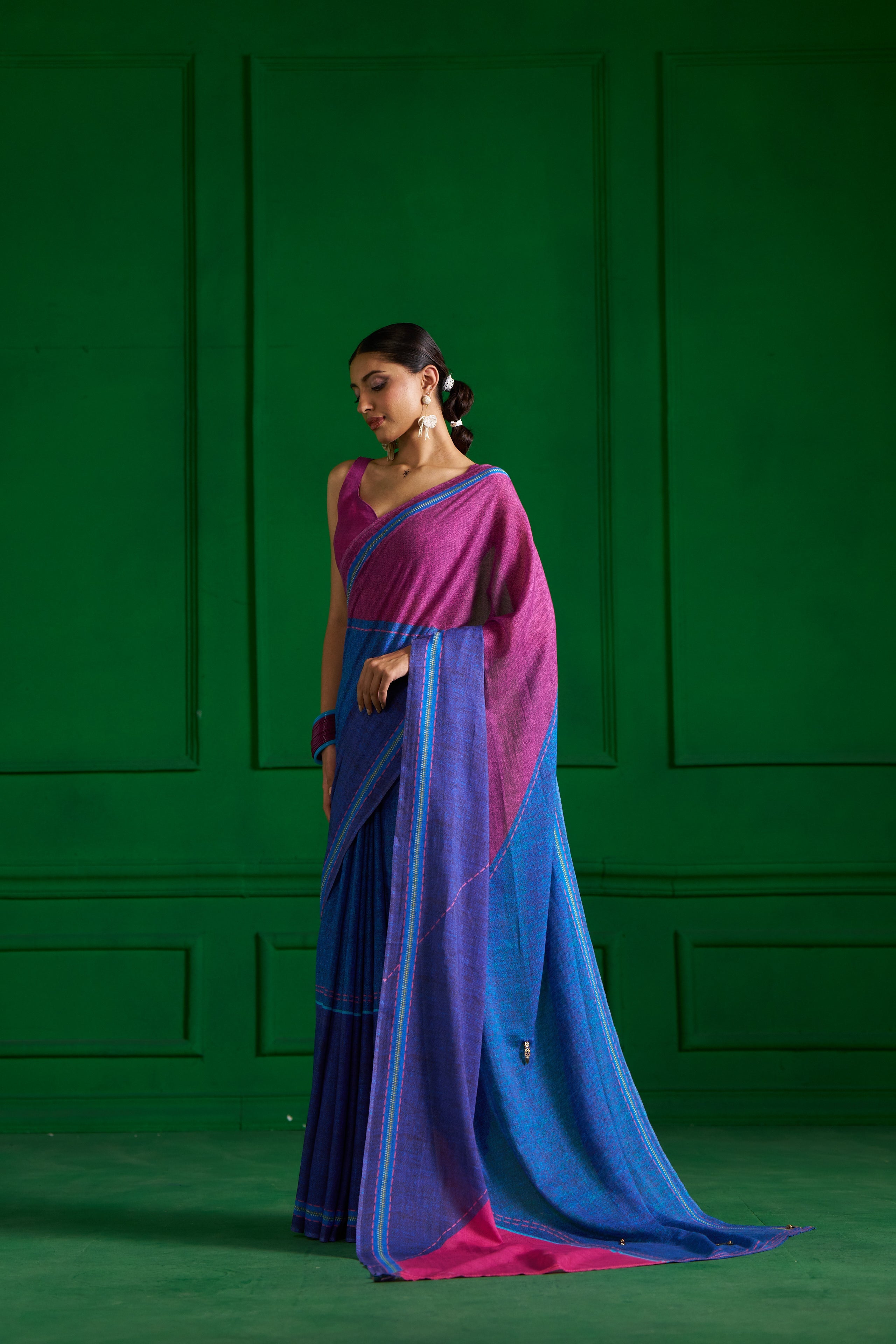 BRIGHT BLUE VISCOSE MUL PINK ZIP DENIM SAREE