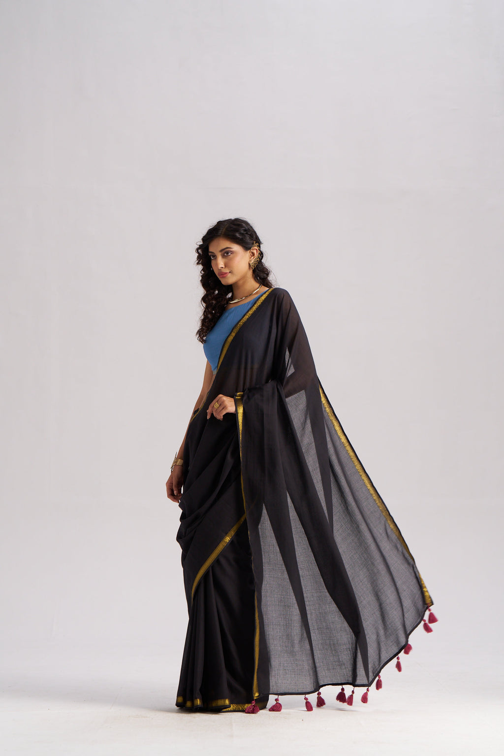 BLACK VISCOSE MUL LIVA SOLID SAREE