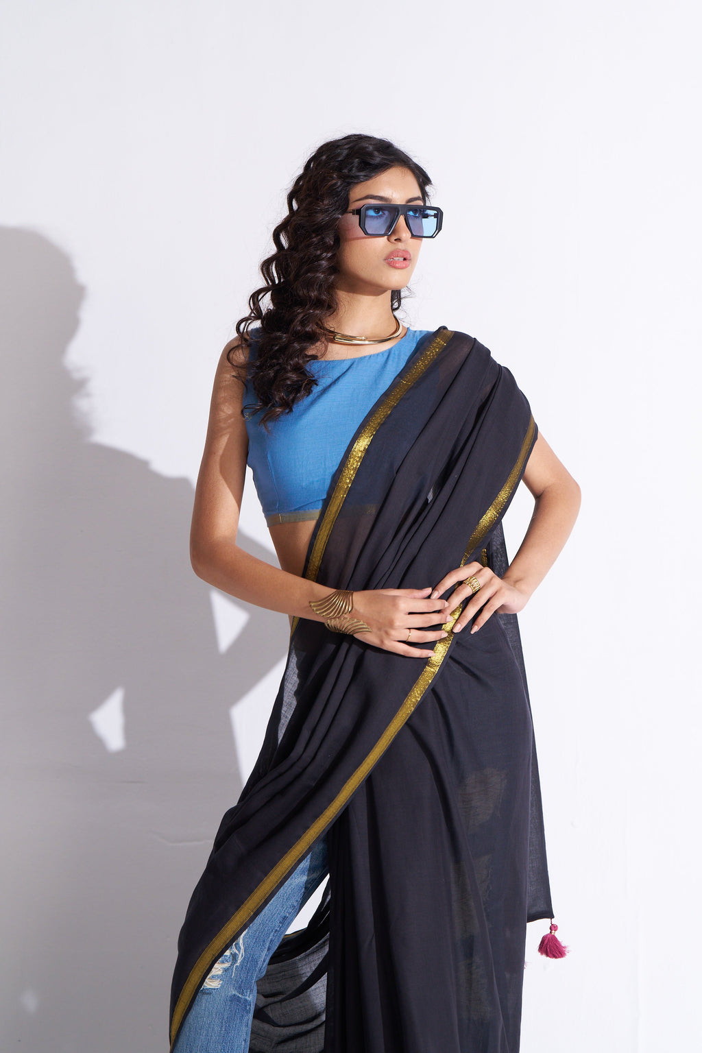 BLACK VISCOSE MUL LIVA SOLID SAREE