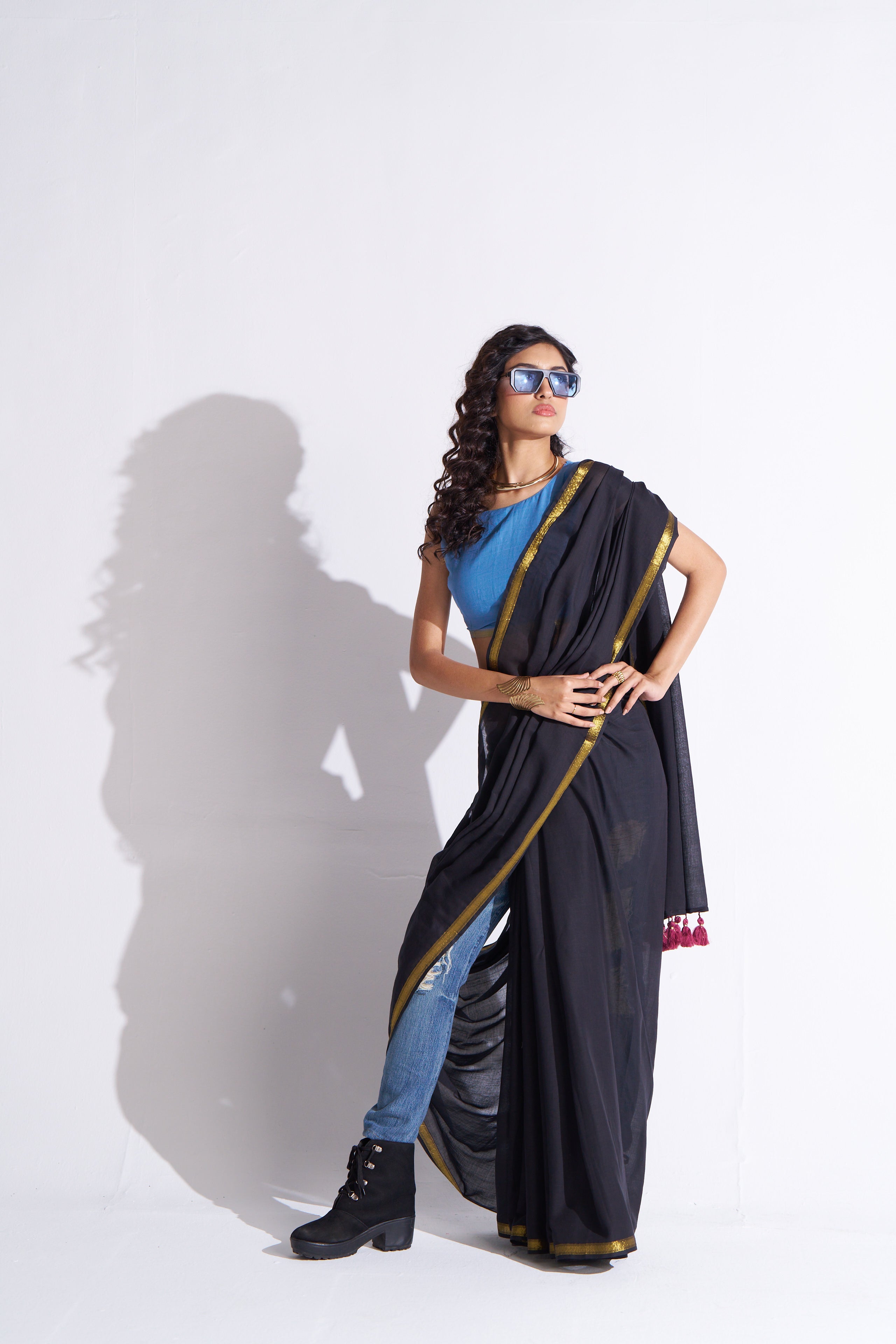 BLACK VISCOSE MUL LIVA SOLID SAREE