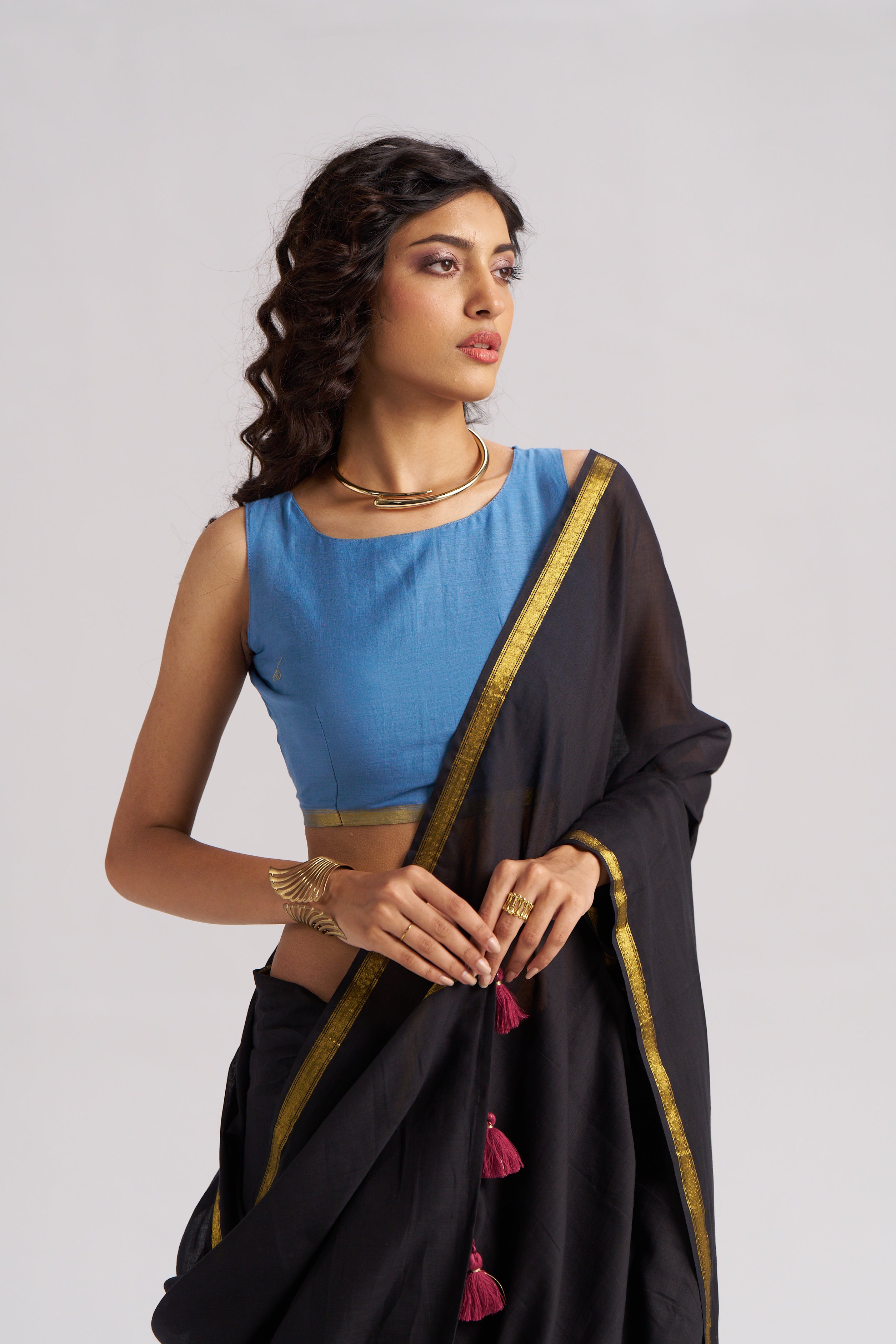 BLACK VISCOSE MUL LIVA SOLID SAREE